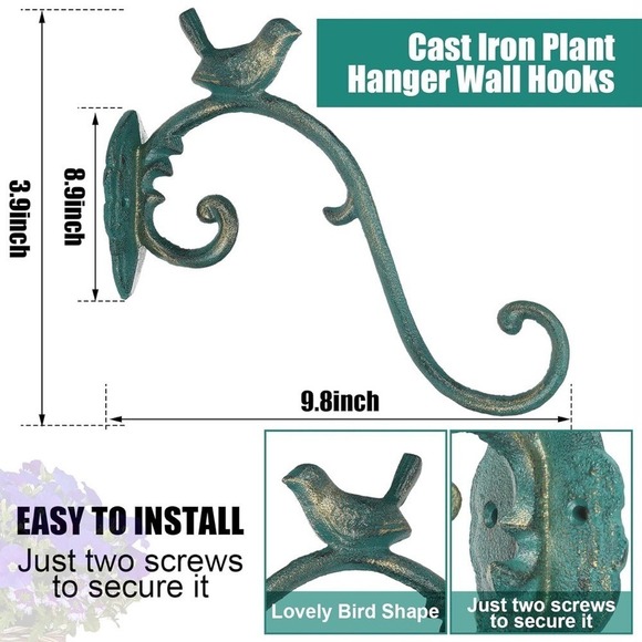 Cast Iron Bird Plant Hanger Wall Hook Decorative Garden Decor Teal Outdoor 10" - Picture 3 of 6